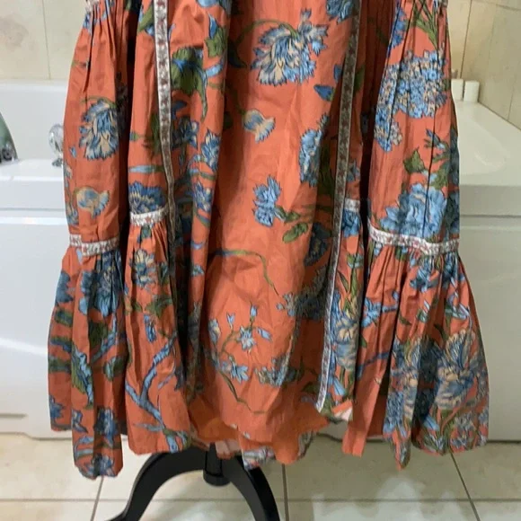 Anthropologie Love the Label Puffed Sleeves Orange Floral Tiered MIDI Dress XS - Picture 7 of 15